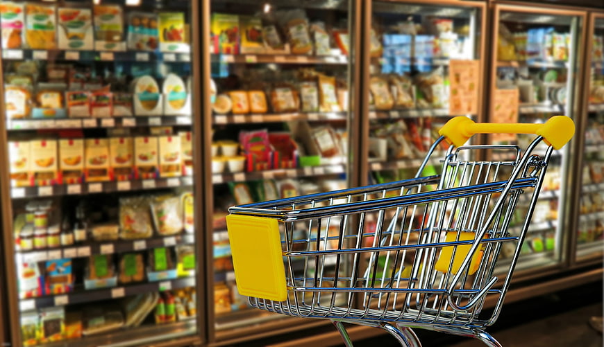 Empty Shopping Cart in Supermarket Freezer Aisle
