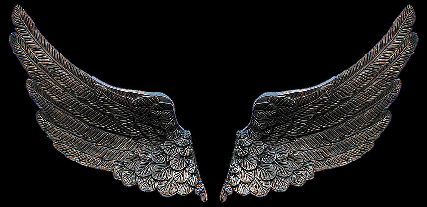 Silver angel wings sculpture isolated on black background