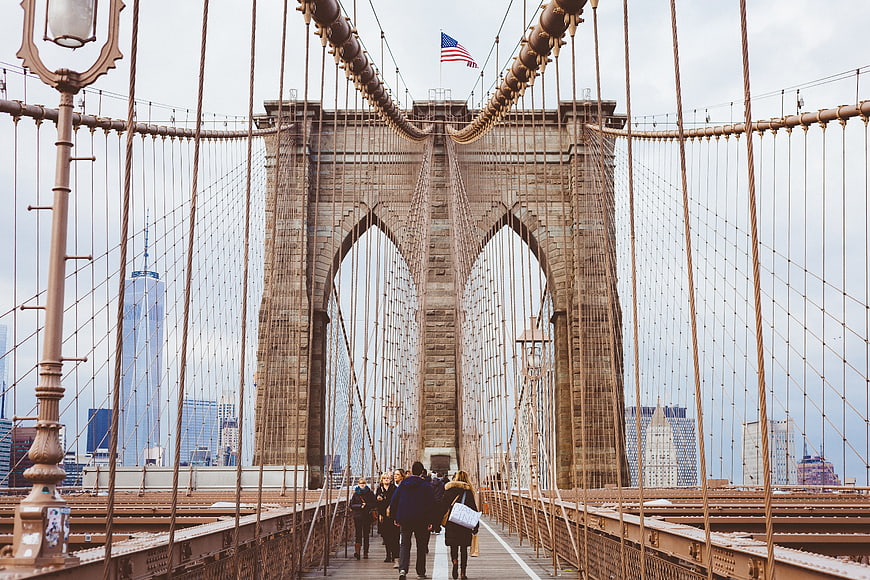 Brooklyn Bridge Pedestrians with Manhattan Skyline Background