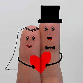Finger Art Wedding Couple With Red Heart