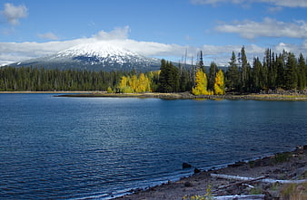 Snow-Capped Mountain Lake with Autumn Larch Trees