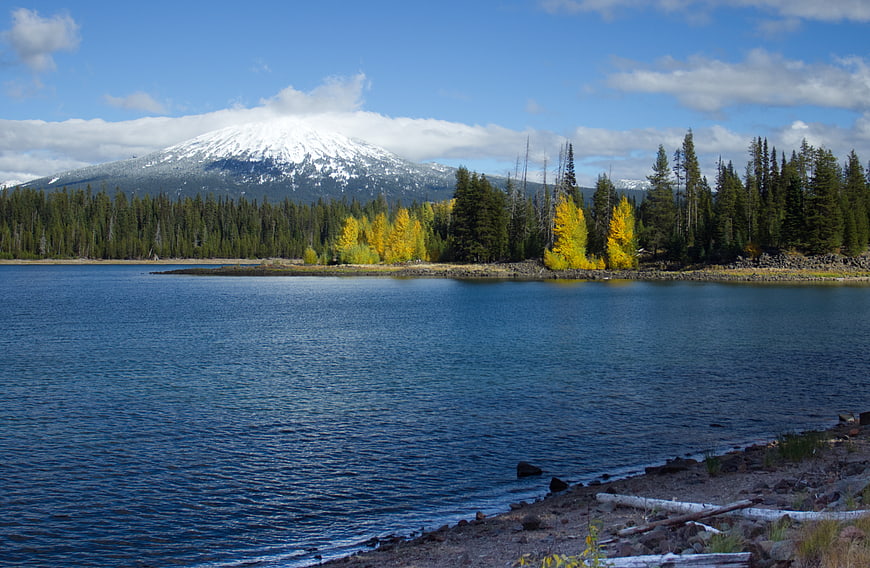 Snow-Capped Mountain Lake with Autumn Larch Trees