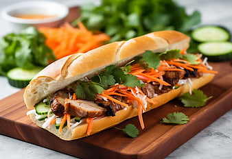 Fresh Vietnamese Banh Mi Sandwich with Grilled Pork and Vegetables