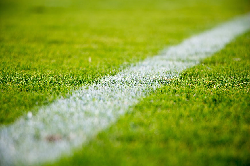 Close-up of white line on green soccer field grass