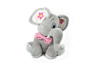 Cute Gray Plush Elephant Toy With Pink Bow And Flower