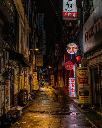 Rainy Night in a Neon-Lit Korean Alleyway