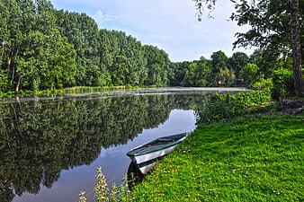 Small boat on grassy riverbank with tree reflections