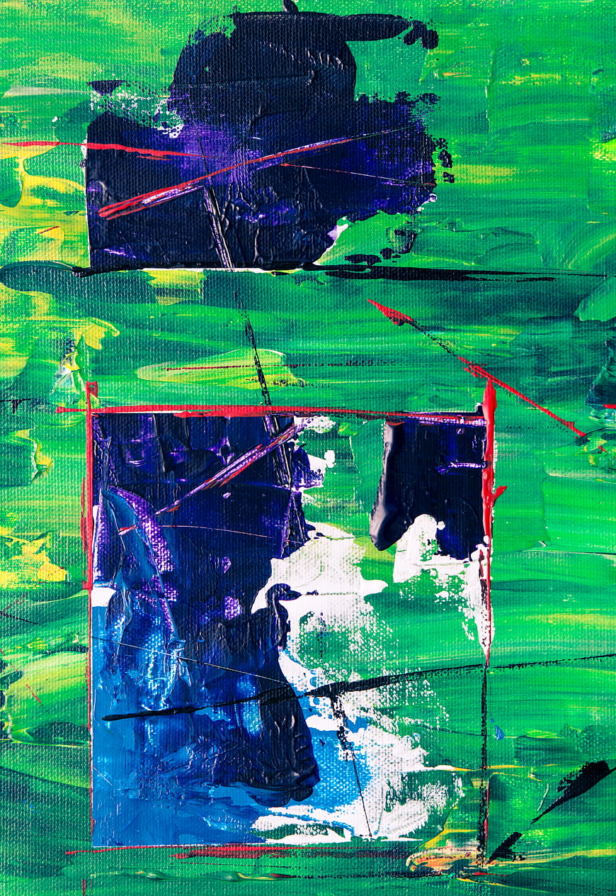Abstract Green and Blue Acrylic Painting with Red Accents