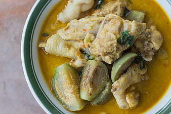 Thai Green Curry with Chicken and Eggplant in Bowl