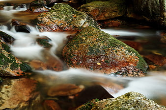 Long Exposure Mossy Rocks in Flowing Stream