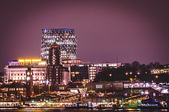 Hamburg Elbphilharmonie Night Skyline with Harbor Boats
