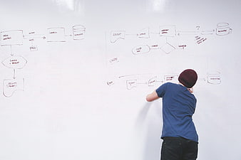 Man drawing flowchart diagram on whiteboard