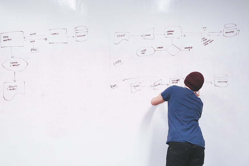 Man drawing flowchart diagram on whiteboard