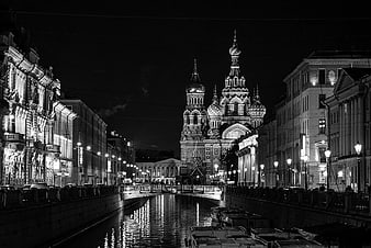 Black and White Night View of Church of the Savior on Spilled Blood