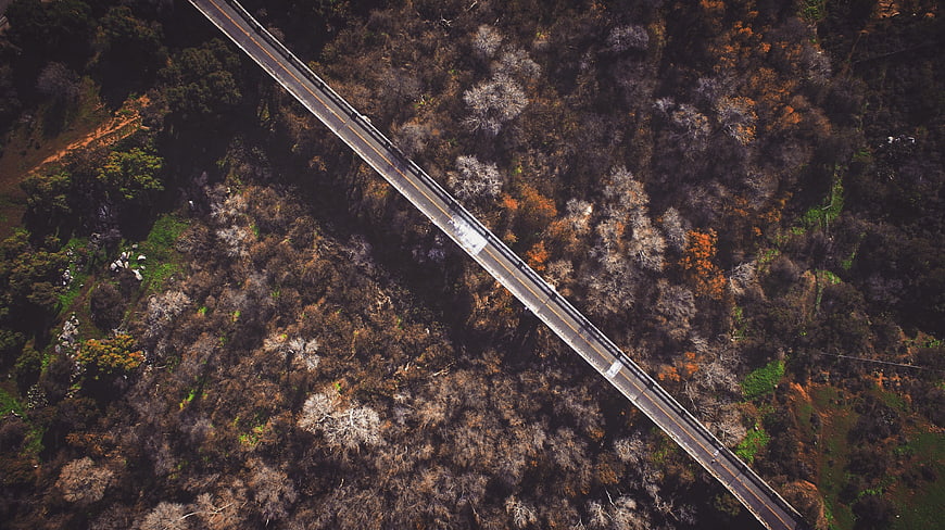 Aerial view of a bridge crossing an autumn forest