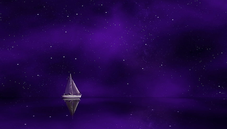 Surreal purple sailboat on starry cosmic ocean
