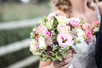 Bride holding pink and white wedding bouquet close-up