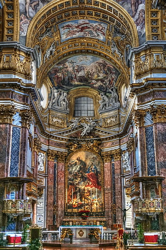 Ornate Baroque Church Interior with Gold Altar and Frescoes