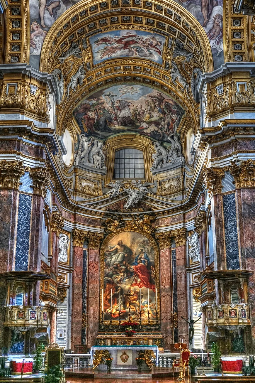 Ornate Baroque Church Interior with Gold Altar and Frescoes