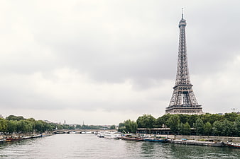 Eiffel Tower and River Seine in Paris on a cloudy day