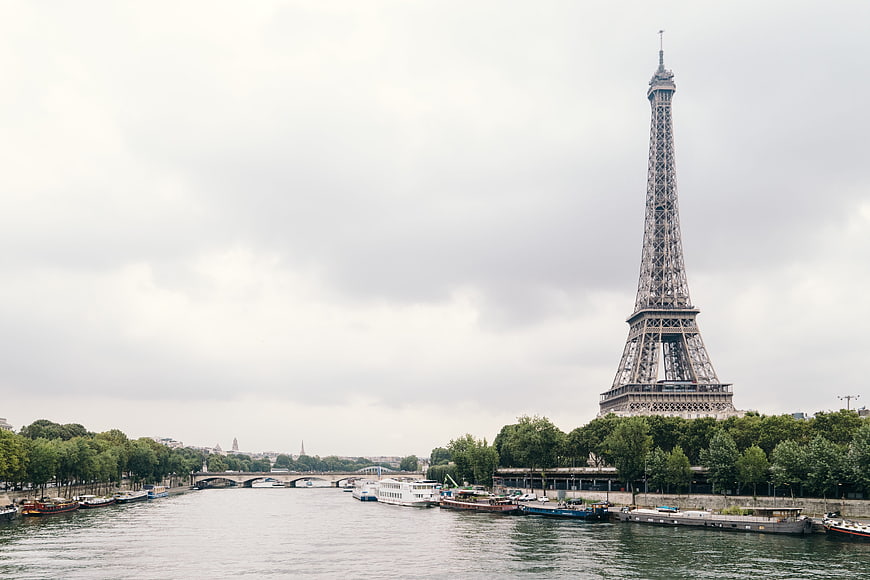 Eiffel Tower and River Seine in Paris on a cloudy day