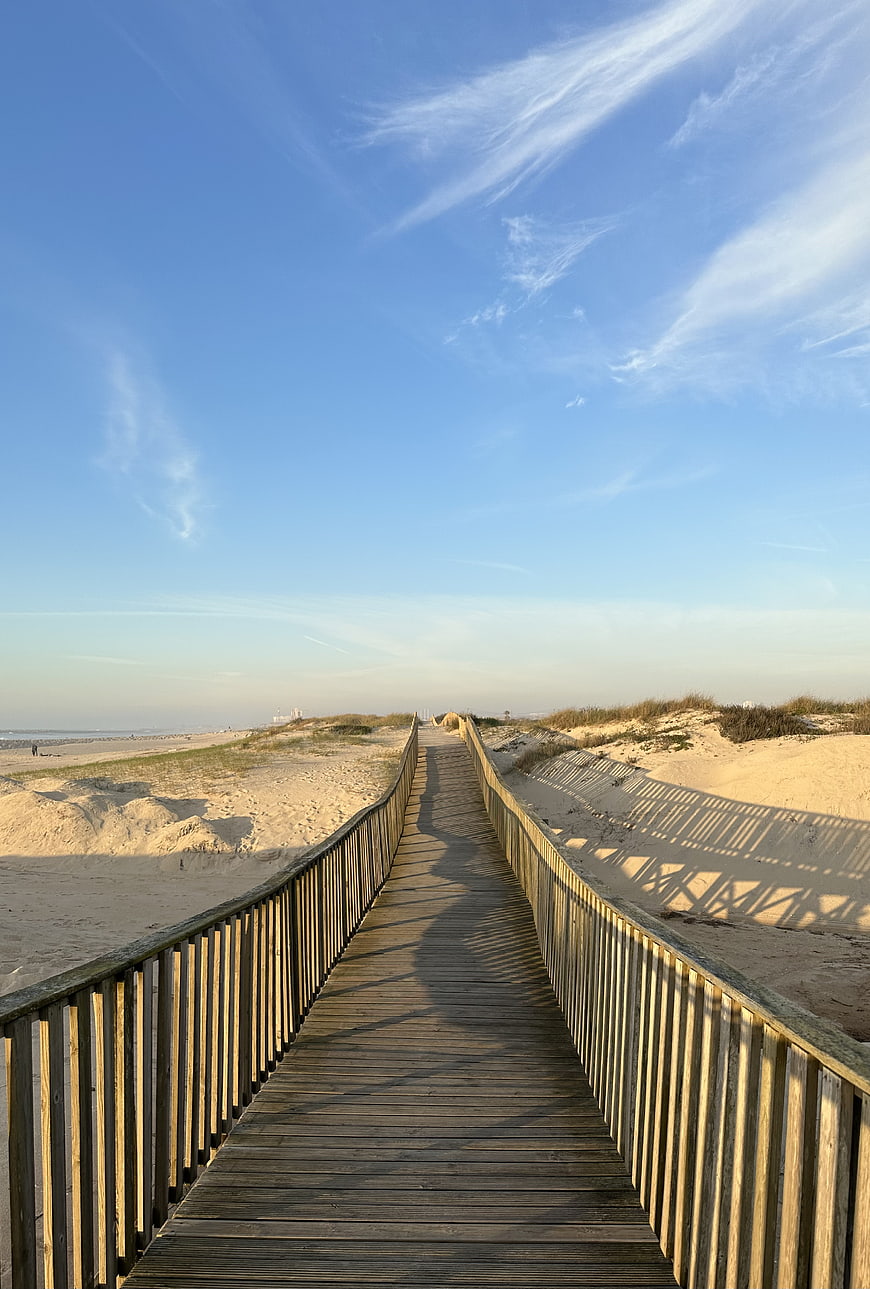 Wooden Boardwalk Path Through Sand Dunes to Beach