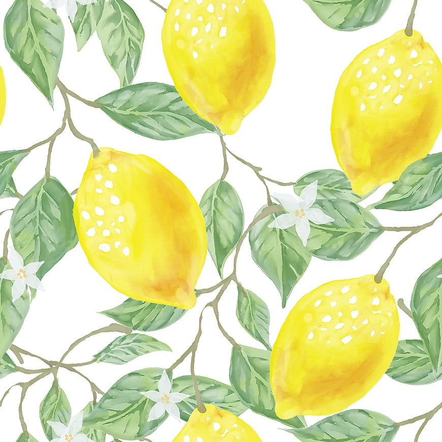 Watercolor lemon pattern with green leaves and white flowers