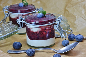 Homemade Blueberry Yogurt Parfait in Glass Jars