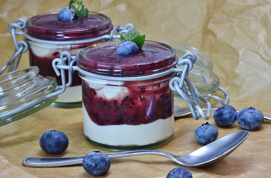 Homemade Blueberry Yogurt Parfait in Glass Jars