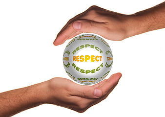 Hands holding 3D sphere with respect text on white background
