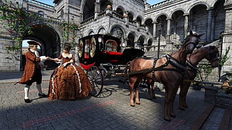 18th-century noble couple with horse-drawn carriage in palace courtyard