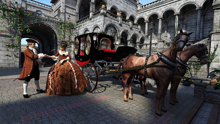 18th-century noble couple with horse-drawn carriage in palace courtyard