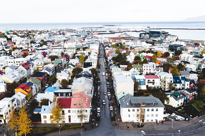Aerial View of Colorful Reykjavik Cityscape and Harbor