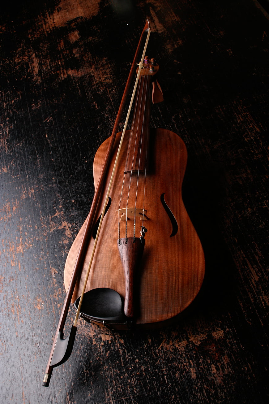 Vintage Violin and Bow on Dark Textured Wood Background