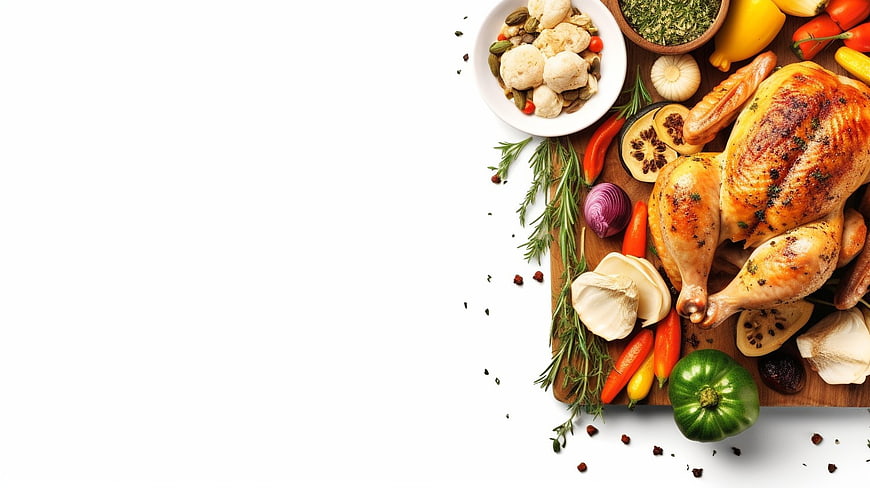 Roasted Chicken with Vegetables and Herbs on Wooden Board