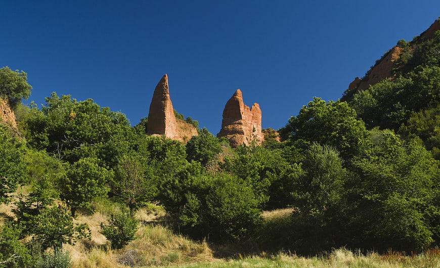 Red Rock Formations Rising Above Green Trees in Summer Landscape