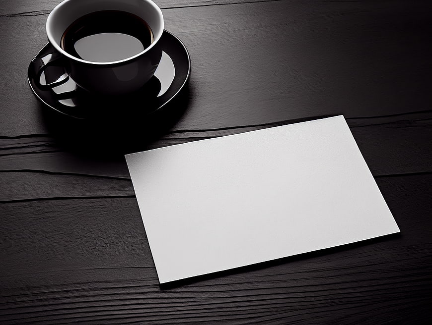 Blank Business Card Mockup with Coffee Cup on Dark Wood
