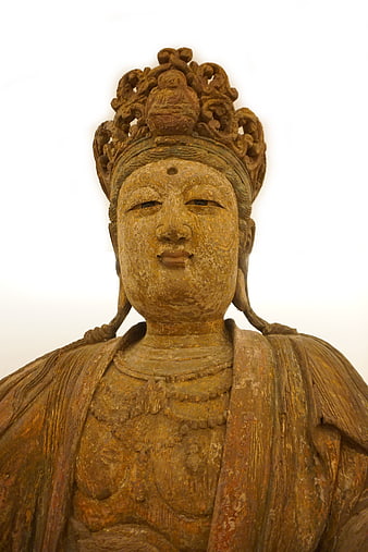 Close-up of Ancient Wooden Buddha Statue Head