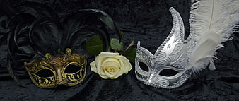 Gold and Silver Venetian Masquerade Masks with White Rose