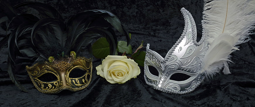 Gold and Silver Venetian Masquerade Masks with White Rose