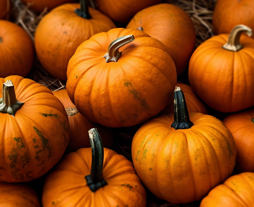 Close-up of fresh orange pumpkins in a harvest pile