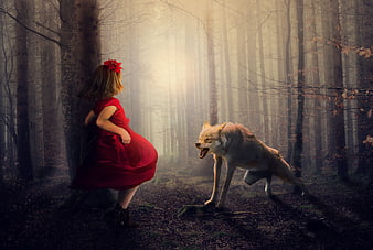 Little Red Riding Hood Confronting Wolf in Misty Forest