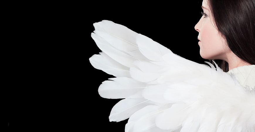 Profile of woman with white angel wings on black background