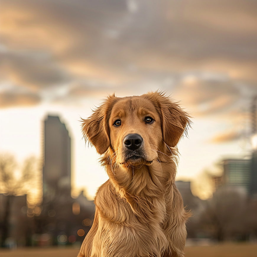 Golden Retriever Portrait in Urban Park at Sunset