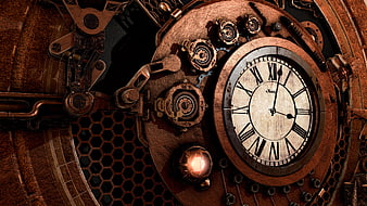 Steampunk Clockwork Mechanism With Antique Roman Numeral Clock Face