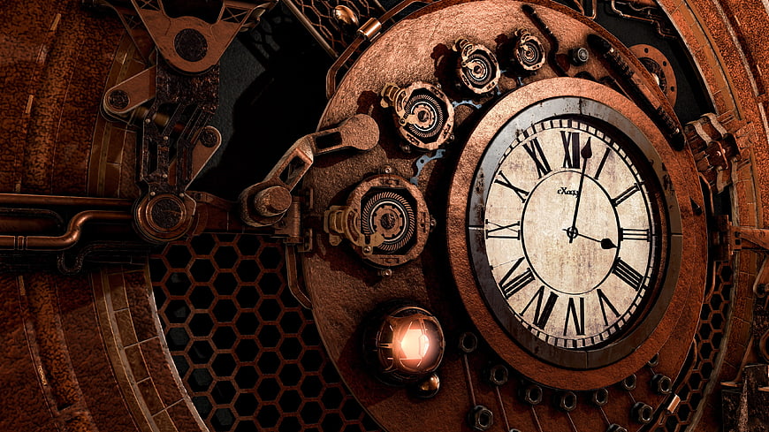 Steampunk Clockwork Mechanism With Antique Roman Numeral Clock Face
