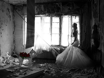 Bride in Ruined Room with Red Roses and Rocking Horse
