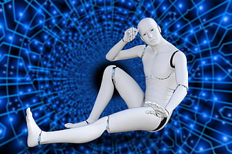 White humanoid robot thinking against blue digital network background