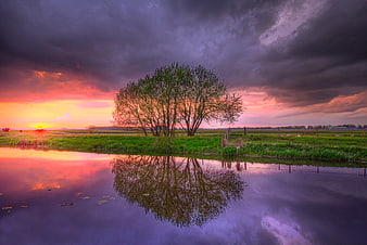 Dramatic sunset landscape with tree reflection in calm water