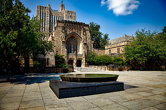 Gothic Stone Cathedral with Modern Fountain in Plaza